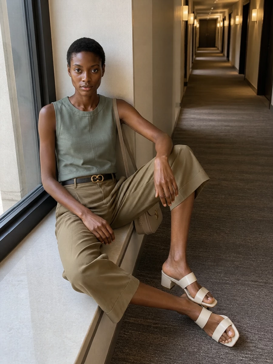 Soeur khaki trousers sage top cream mules