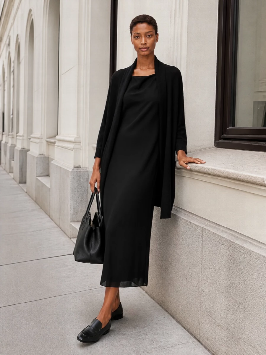 The row black cardigan midi dress outfit