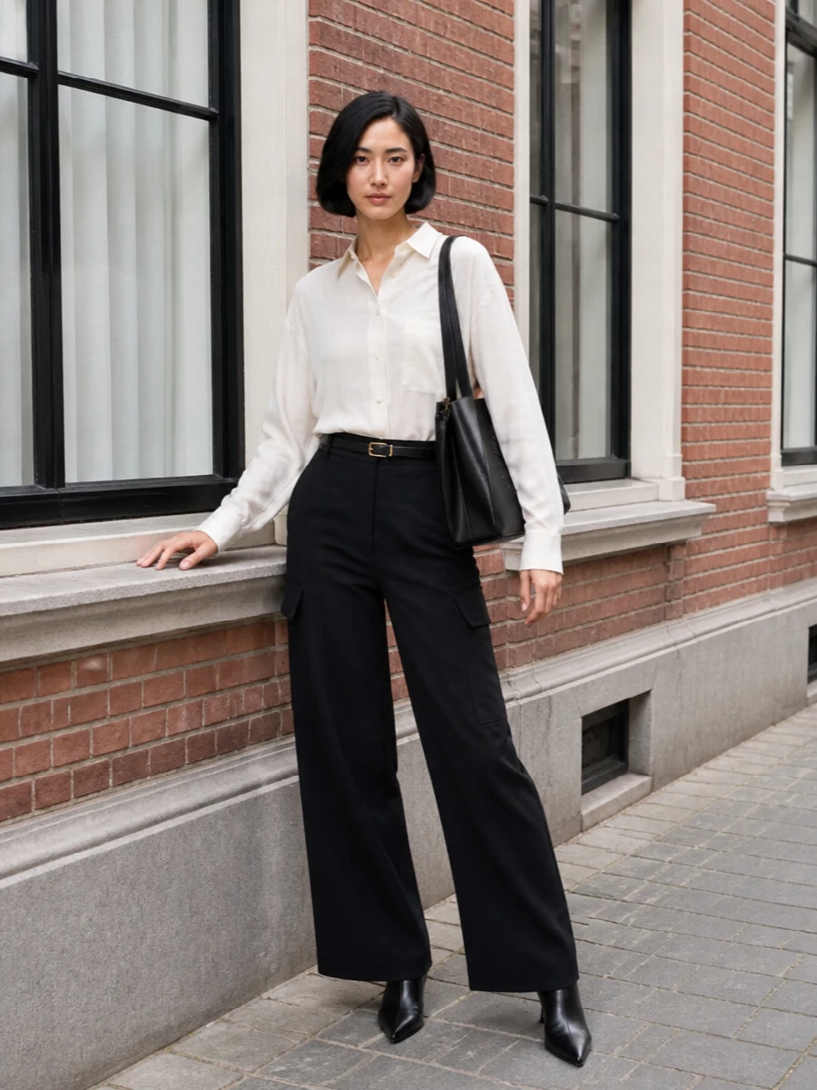 A relaxed ivory shirt and high-rise black cargo trousers create a clean, modern contrast that feels understated yet deliberate. Pointed black ankle boots and a structured black tote sharpen the line, while a slim gold-buckled belt quietly defines the waist. The result is a city-ready uniform that balances utility and tailoring with quiet confidence.