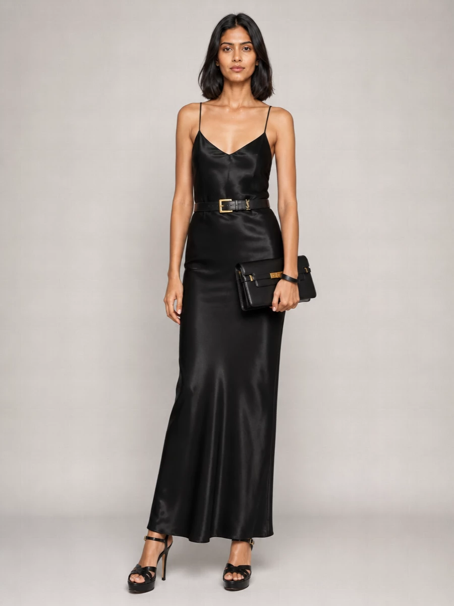 Anchoring the outfit around the dress rather than separates keeps the Saint Laurent belt in its sharpest context, framing a single, uninterrupted black line of evening polish. The satin slip, platform sandals, and structured shoulder bag speak the same minimalist Parisian language, with just enough metal hardware to echo the belt’s silver without tipping into fuss. It is a quietly powerful after-dark edit that feels intentional from every angle.