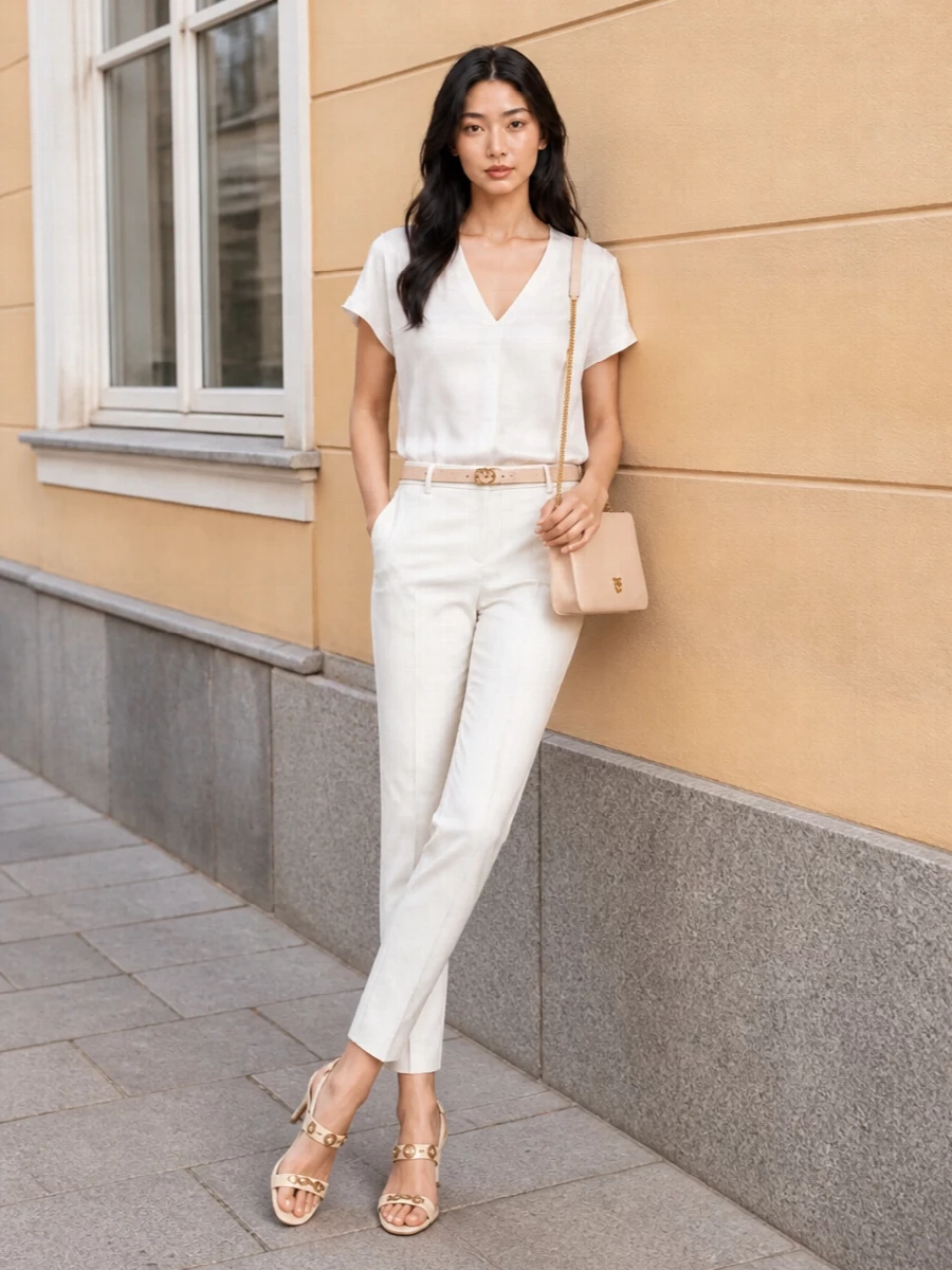 Soft off-white tailoring meets a fluid draped blouse for a summer-neutral outfit that feels polished without stiffness. Cream strappy slingbacks and a nude cross-body keep the lines long and light, while the nude belt offers just enough definition at the waist. Ideal for days that move from meetings straight into dinner, it reads quietly considered from every angle.