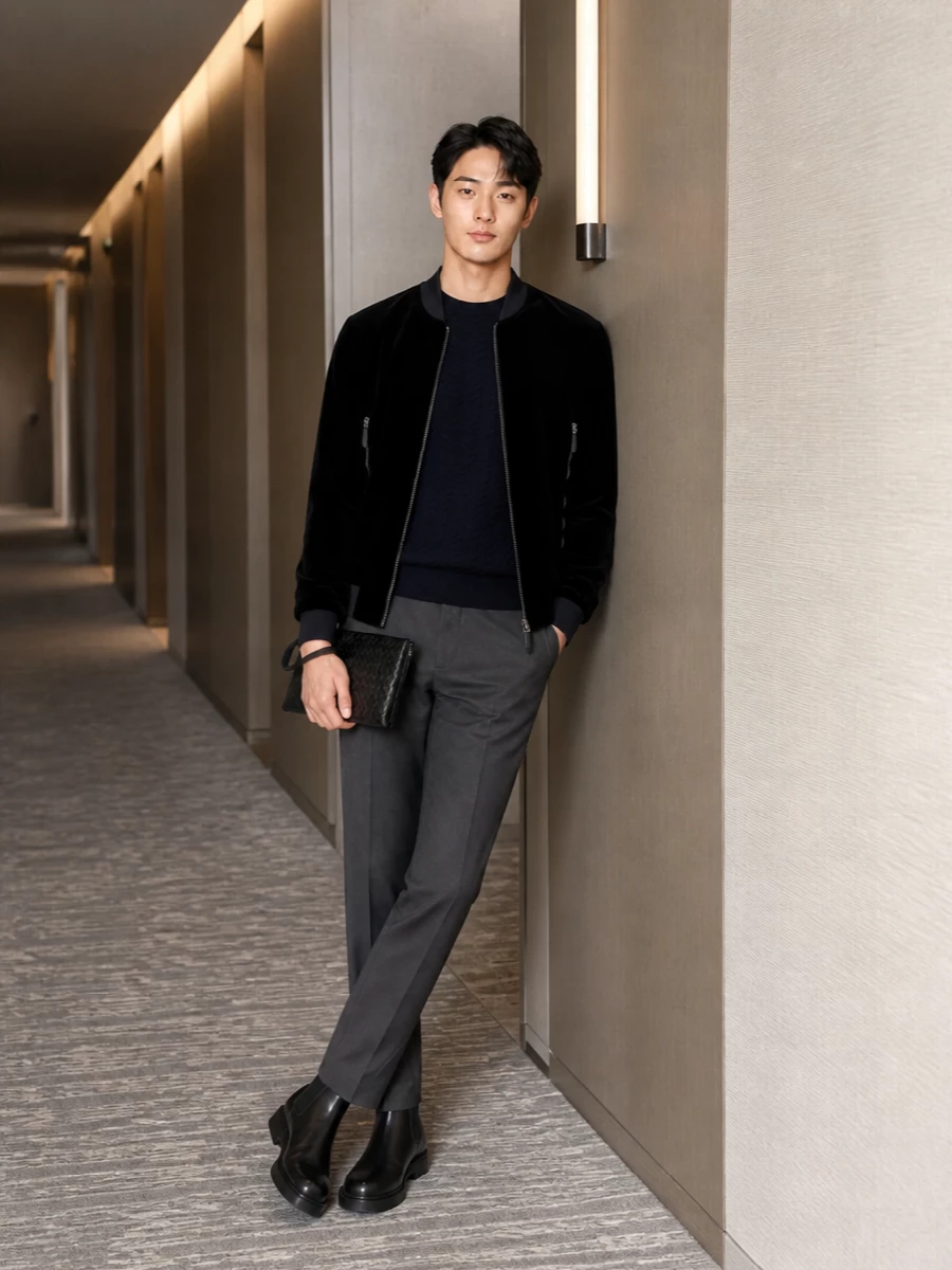Armani velvet bomber charcoal trousers boots
