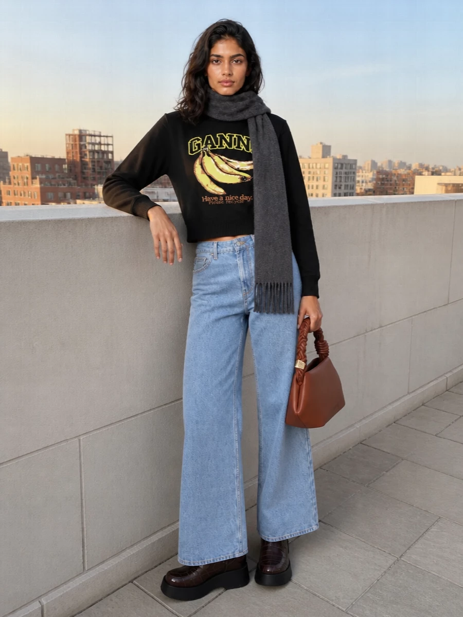 A cropped graphic sweatshirt sits against long light-wash wide-leg denim for an easy, playful take on preppy streetwear. Chunky brown platforms and a sculpted chestnut shoulder bag warm up the palette and give the silhouette weight. A simple charcoal scarf softens everything for cooler city days without distracting from the banana moment.