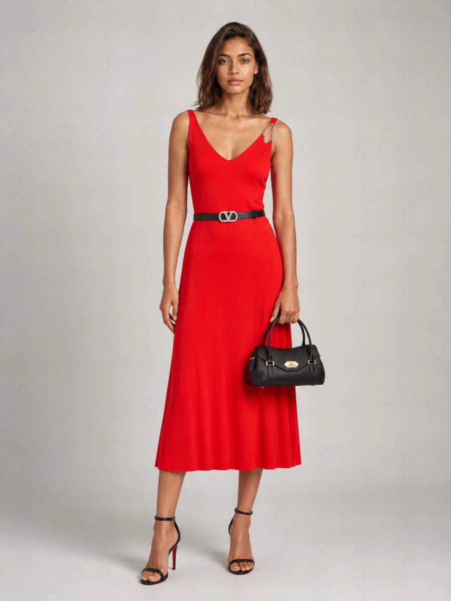 Lanvin Sleeveless V-Neck A-Line Midi Dress