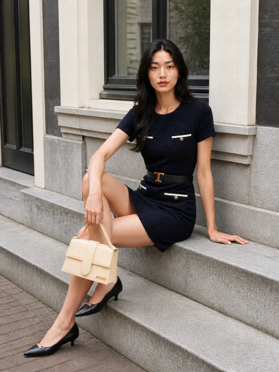 Self portrait navy tweed mini dress outfit heels
