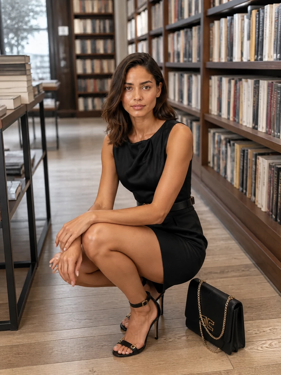 A sharply tailored black mini sheath is framed with equally precise black and gold accessories, keeping the palette focused and the mood confidently after dark. The high stiletto and structured shoulder bag extend the clean vertical line, while the optional slim belt offers a touch of definition without breaking the minimalist silhouette.