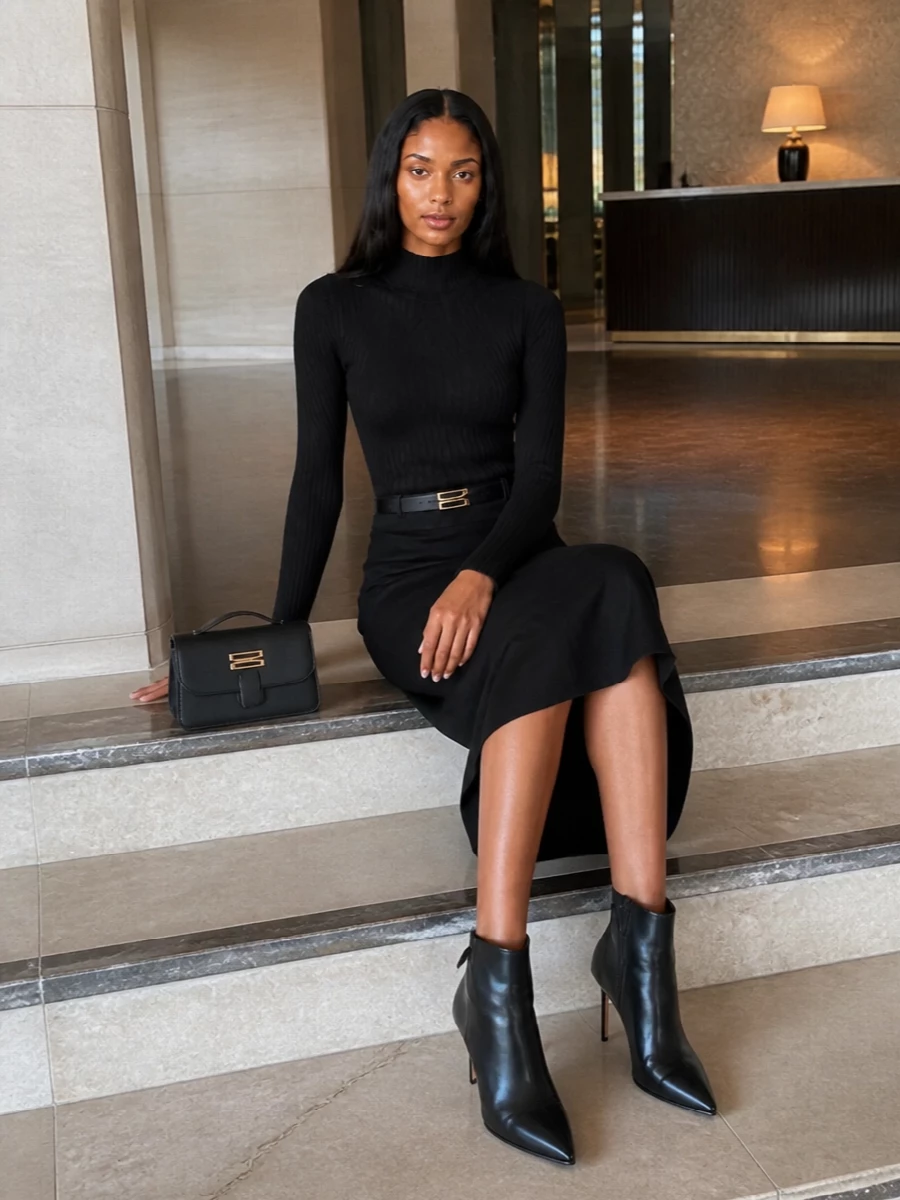 Victoria beckham black midi skirt ankle boots outfit