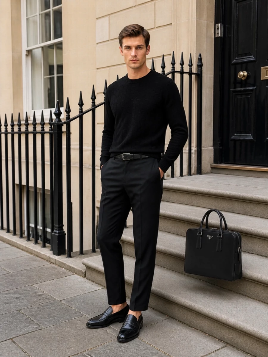 Prada black knit trouser loafer outfit