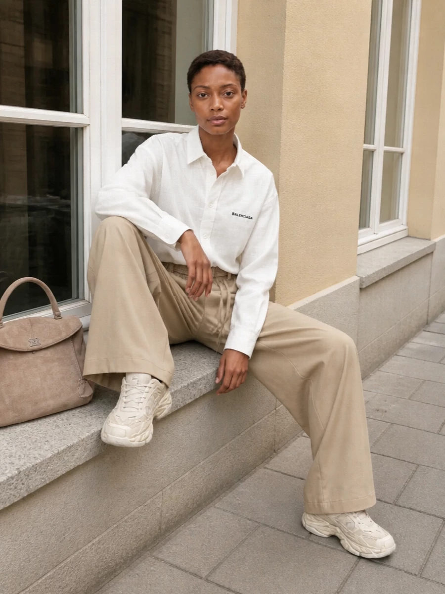 Sand wide-leg trousers and an off-white logo shirt create a soft, tonal Balenciaga uniform that feels clean, relaxed and quietly directional. Chunky neutral sneakers ground the volume, keeping the mood firmly in the street-luxury space. A taupe suede tote and barely-there braided belt add just enough structure and texture without disturbing the minimalist palette.