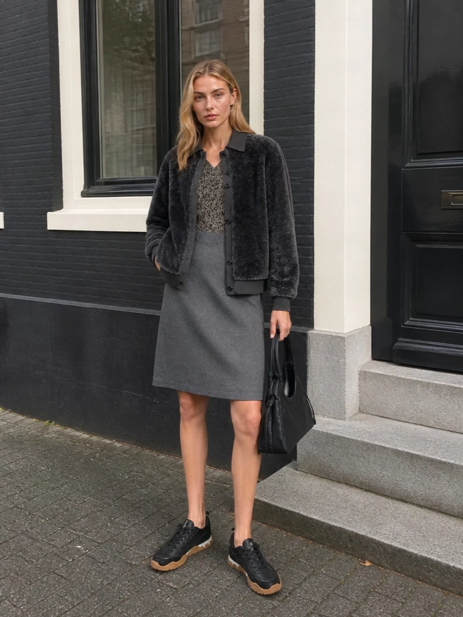 Miu miu shearling bomber prada knit dress outfit