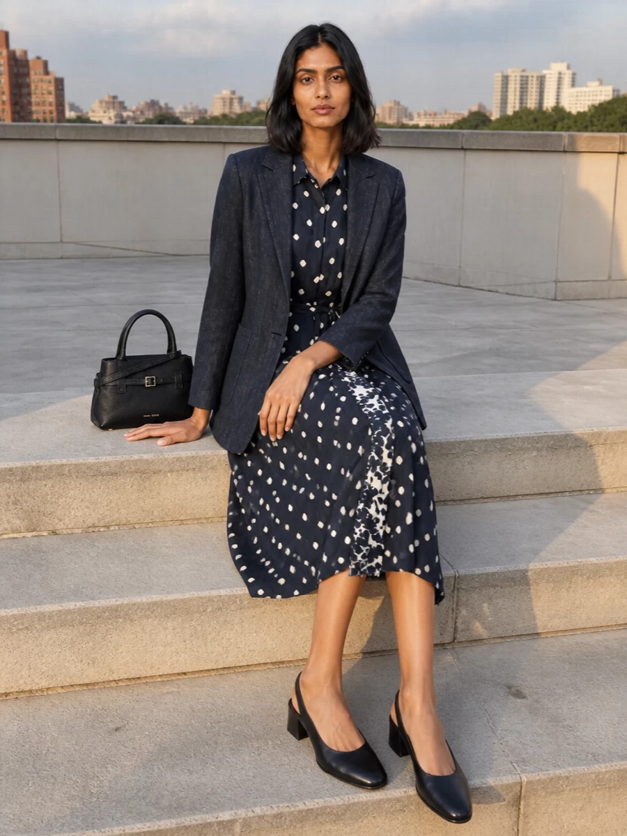 S max mara navy blazer dress outfit slingbacks
