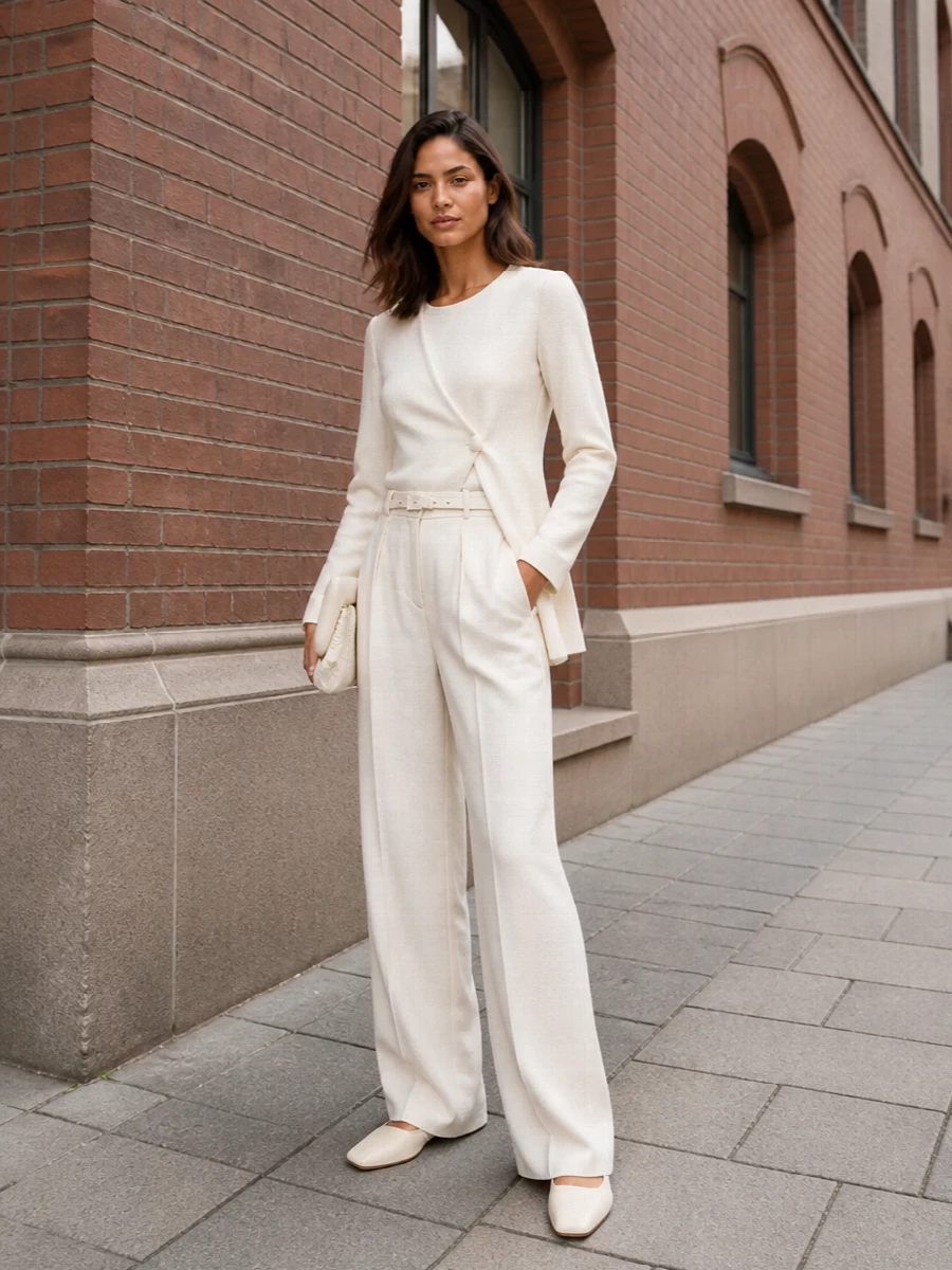 An all-ivory tailored column keeps the focus on proportion, with the asymmetric blazer skimming cleanly over the high-waisted wide-leg trouser. Cream low-heel flats and a structured framed clutch stay in the same soft spectrum, so the silhouette feels elongated and quietly precise. A slim white belt draws the eye to the waist without disturbing the minimal, boardroom-to-dinner refinement.