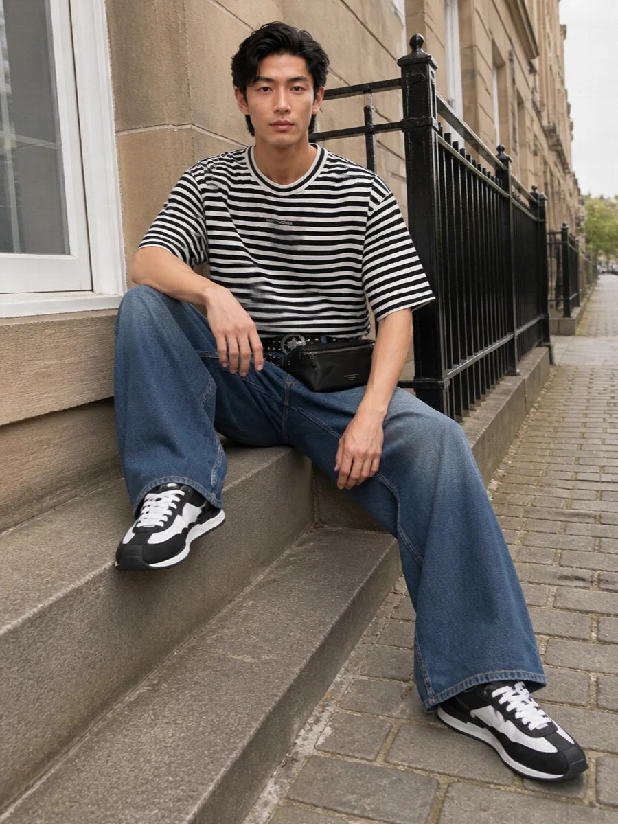 Dolce gabbana wide leg jeans striped tee outfit