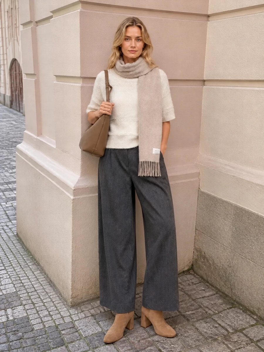Fabiana filippi ivory knit charcoal wide leg trouser