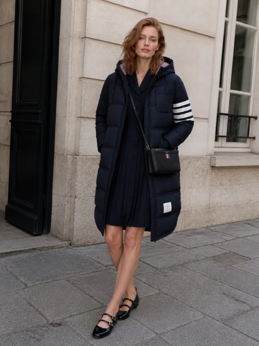 Thom browne quilted parka pleated shirt dress outfit
