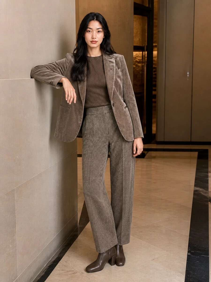 Uma wang blazer taupe tailored trousers outfit