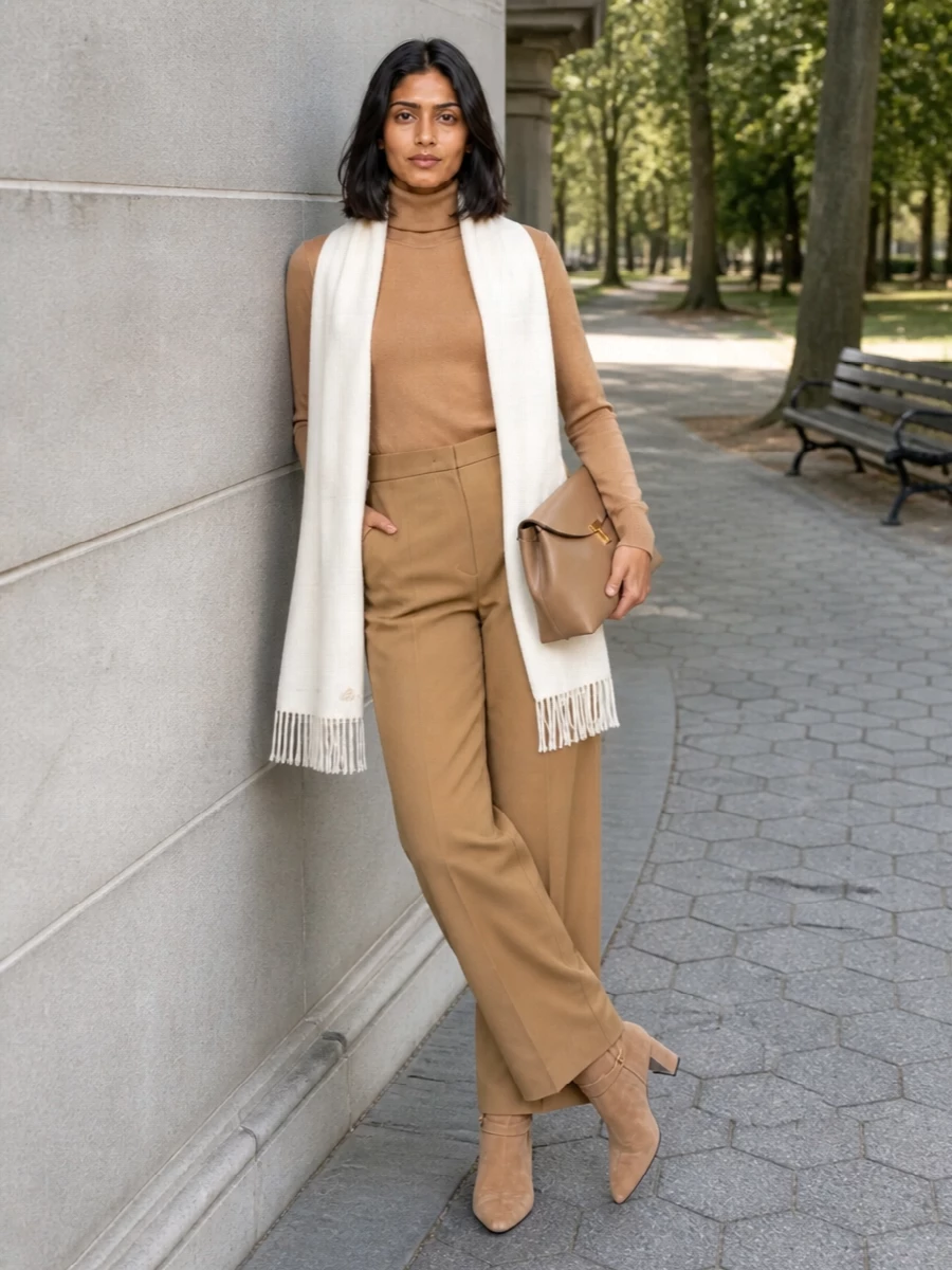 Max mara camel turtleneck wide leg trousers outfit