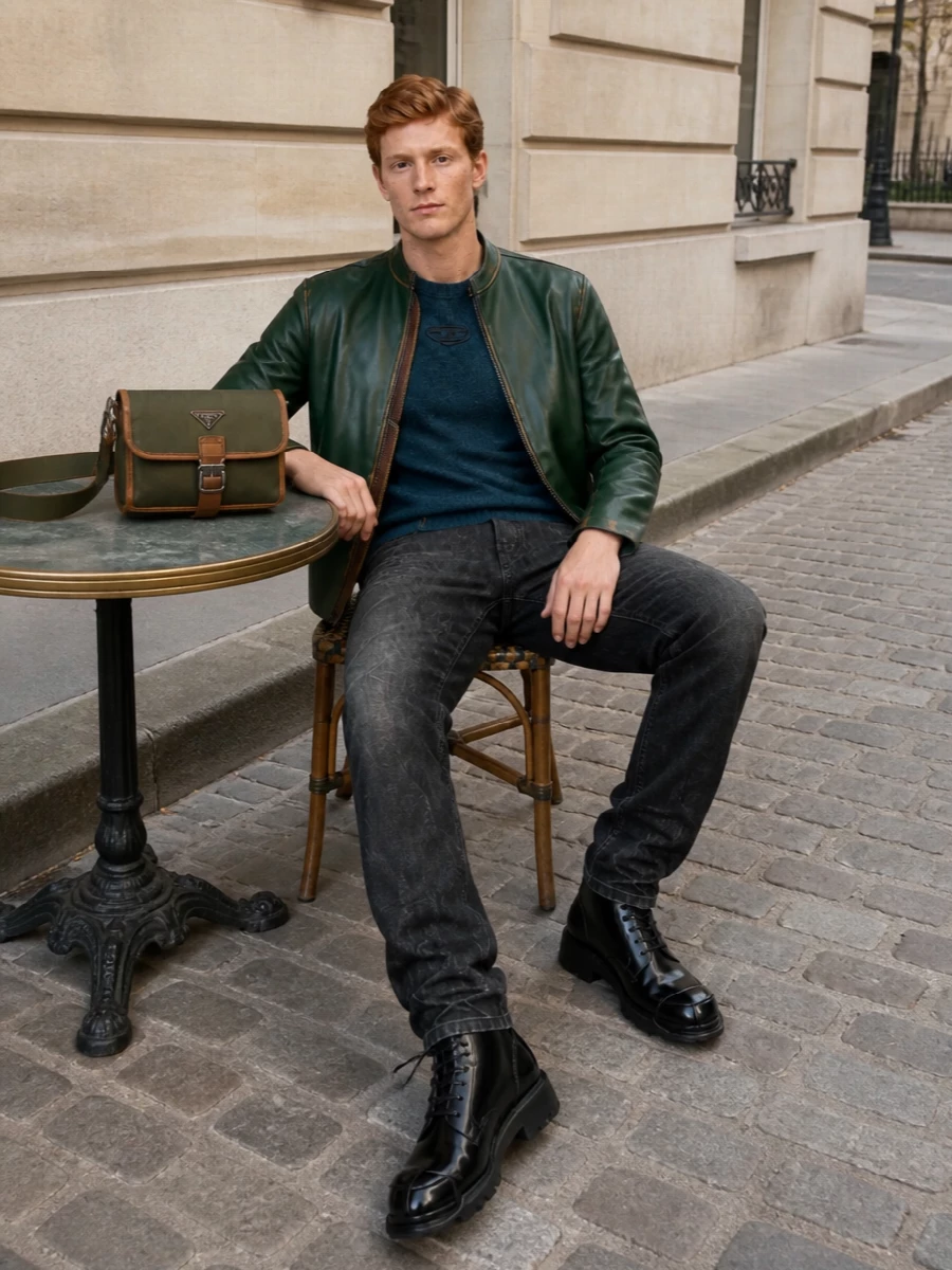 Diesel green leather jacket black jeans boots