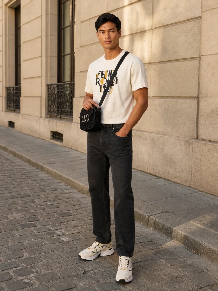 Fendi’s buttercream graphic tee sits cleanly against Margiela’s charcoal straight-leg denim, keeping the line relaxed but intentional. Valentino’s cream-beige runners pick up the tee’s warmth and black accents, while the velvet crossbody adds a compact, graphic note that keeps the whole mix quietly high-end and street-aware.