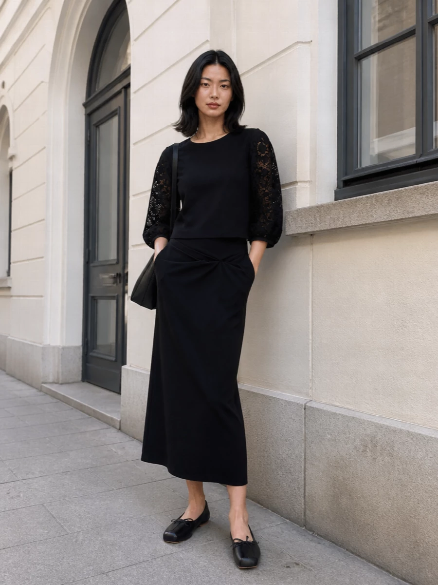 Max mara black lace blouse draped midi skirt