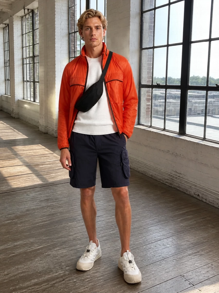 Moncler genius orange windbreaker cargo shorts outfit