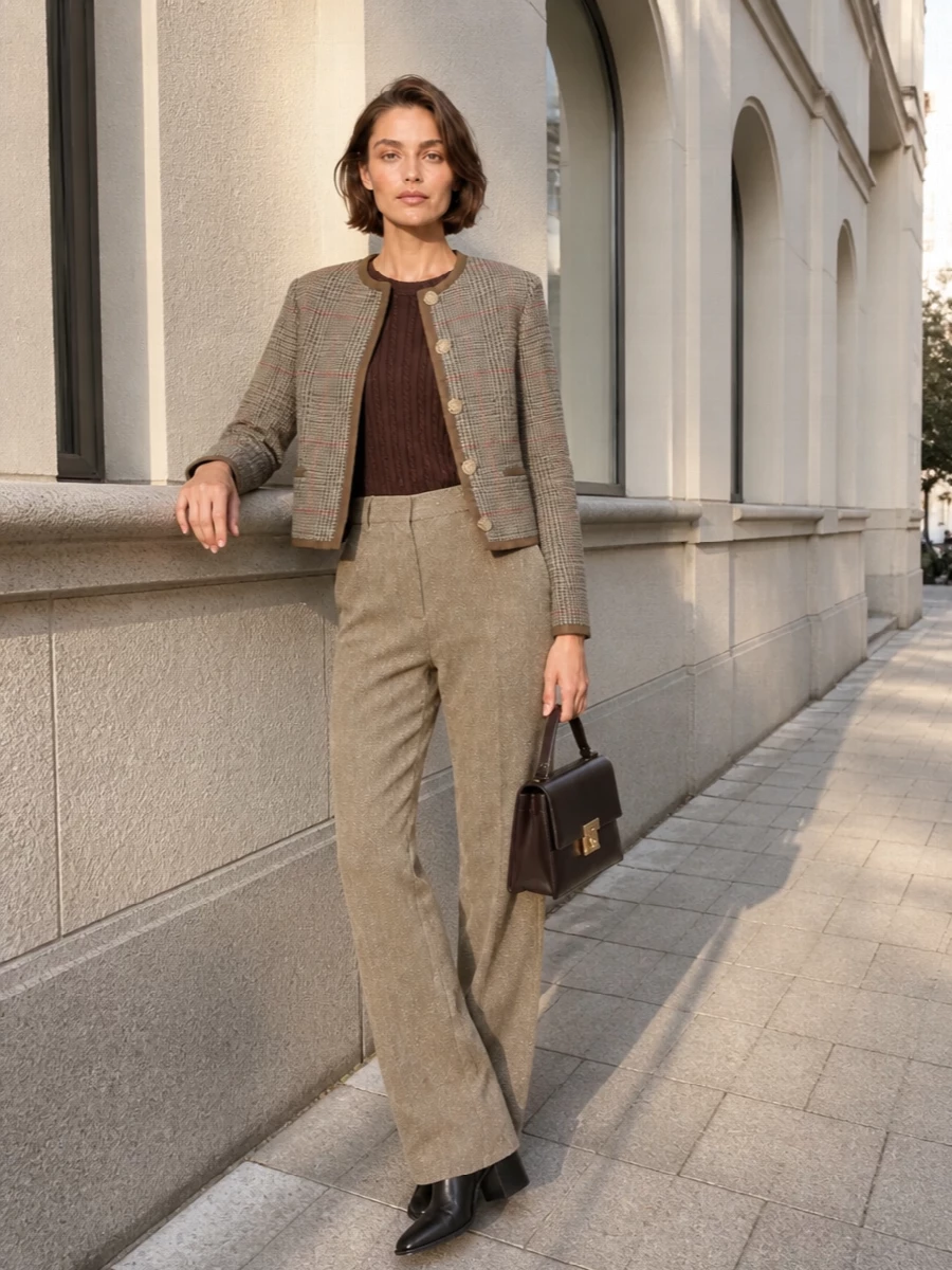 Golden goose check jacket tailored trousers outfit