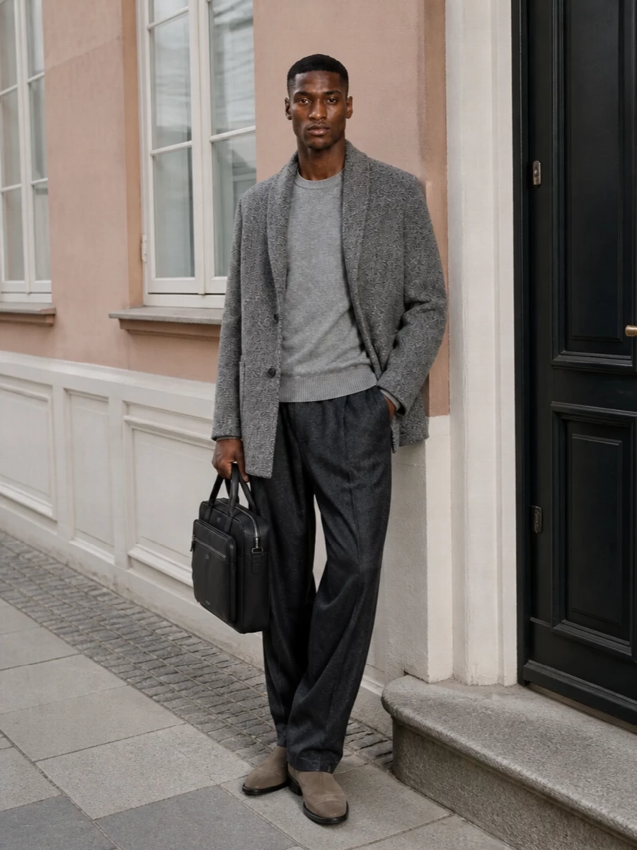 Armani grey coat wide trouser boot outfit