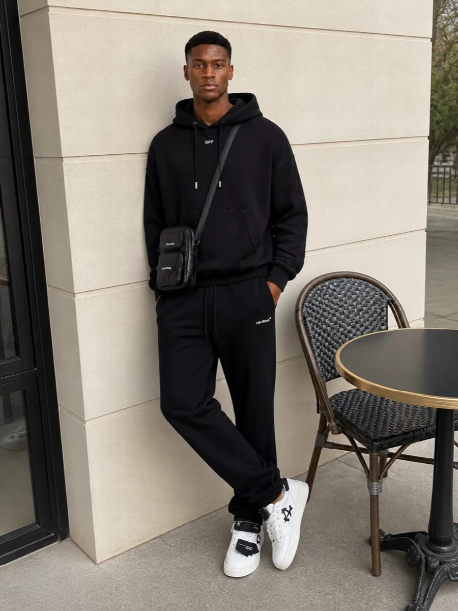 Off white black hoodie streetwear outfit