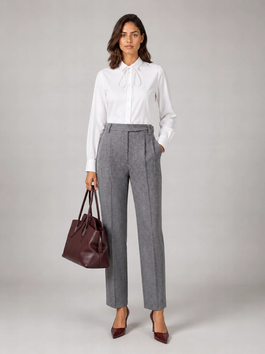 A crisp Gucci tie-neck shirt is grounded by high-rise Brunello Cucinelli grey tailoring for a clean, modern office silhouette. Deep burgundy accessories pick up the shirt’s subtle logo tone, adding intention without noise. The result is quietly assertive suiting that moves from client meetings to dinner with minimal adjustment.