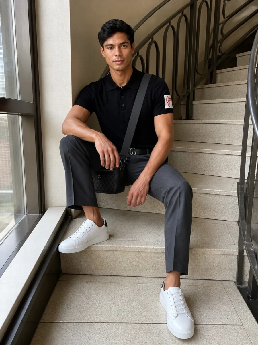 Gucci knit polo charcoal trousers sneakers