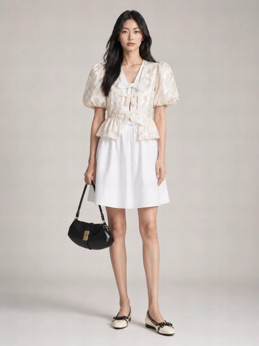 Ganni Satin Jacquard Peplum Short-Sleeve Blouse