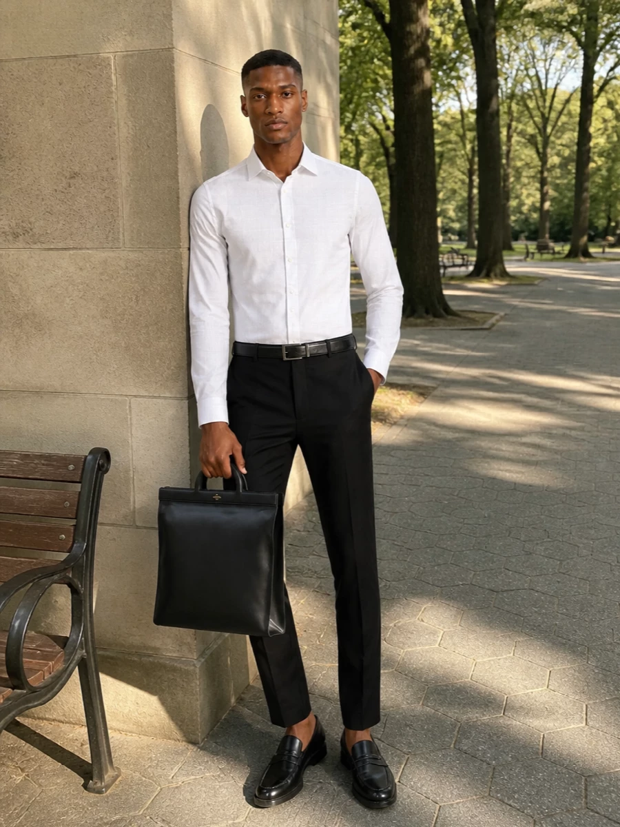 Armani black trousers white shirt loafers