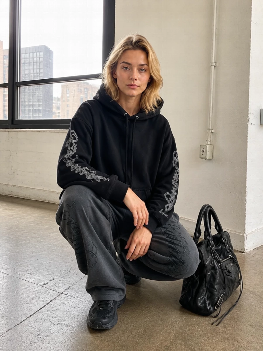 Balenciaga grey track pants black hoodie outfit
