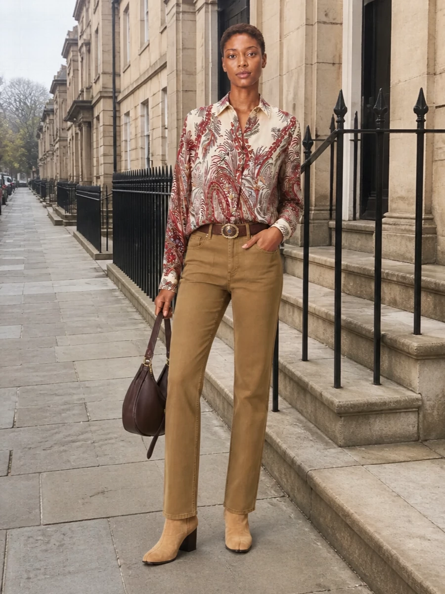Etro paisley shirt camel jeans suede boots