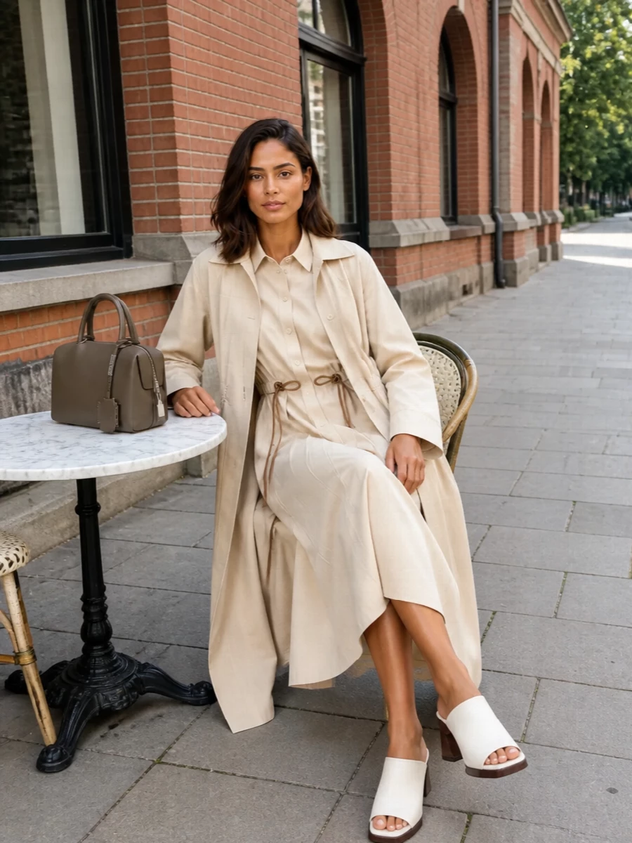 Max mara beige coat neutral midi dress outfit