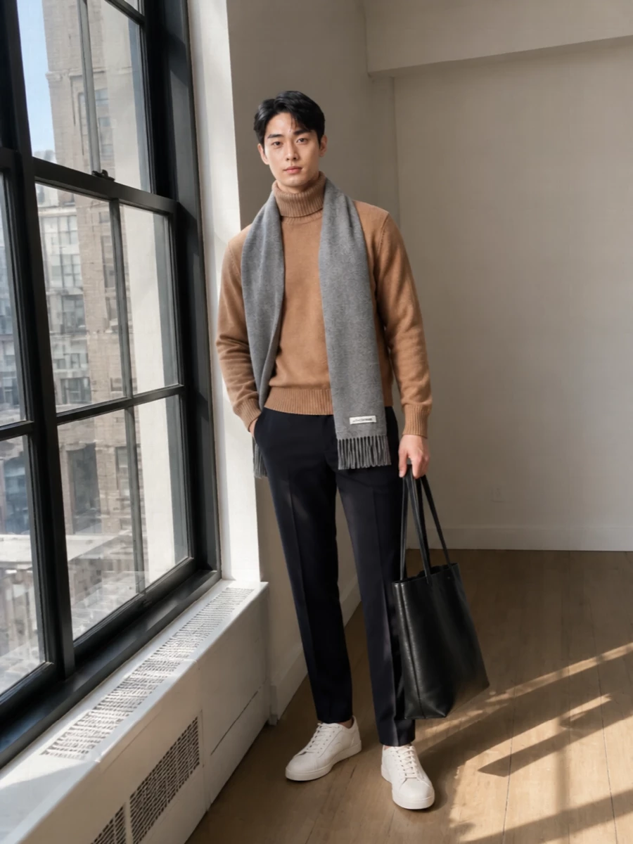 Ami paris camel turtleneck navy trousers outfit