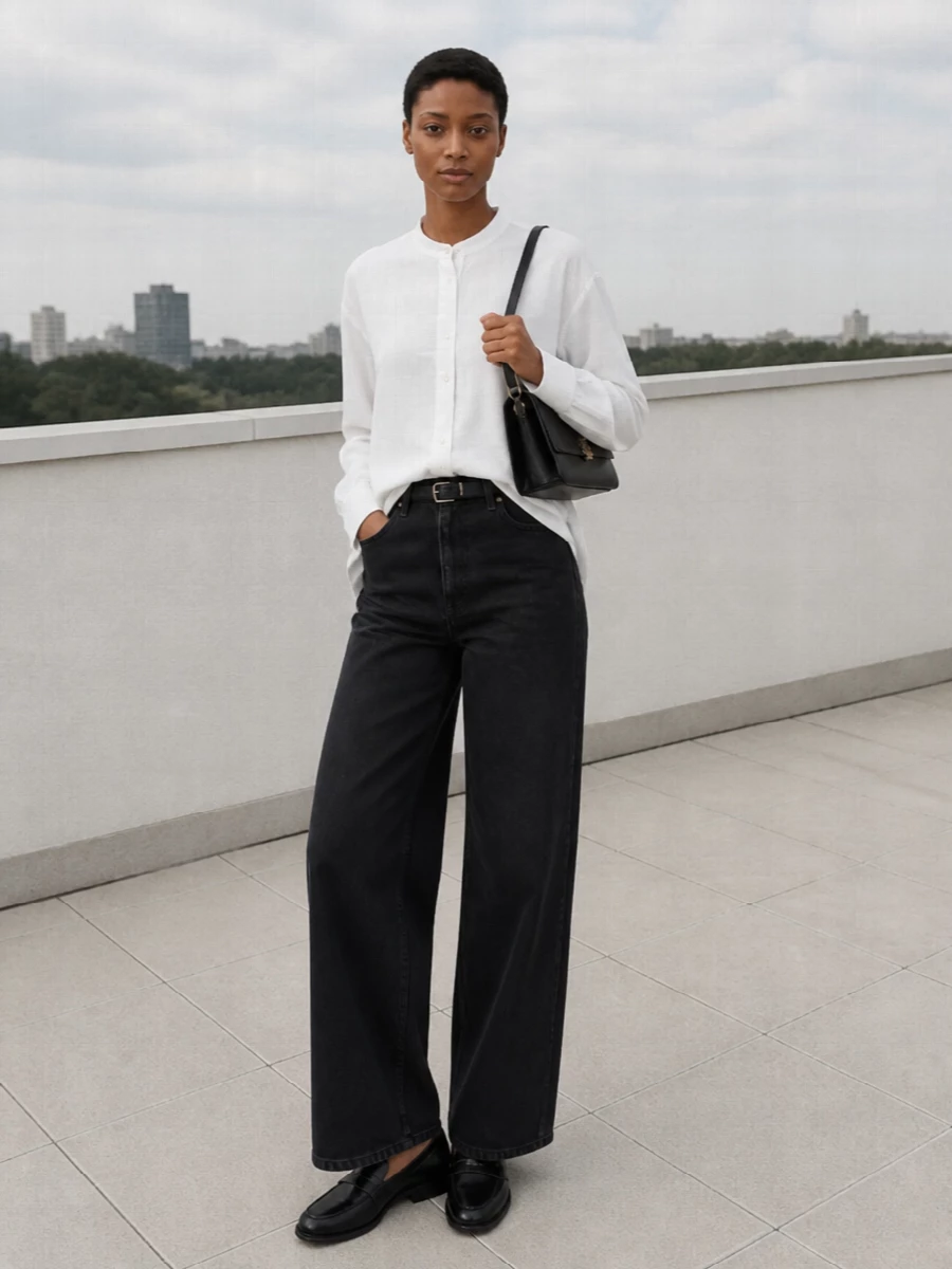 Toteme white shirt wide leg black jeans outfit