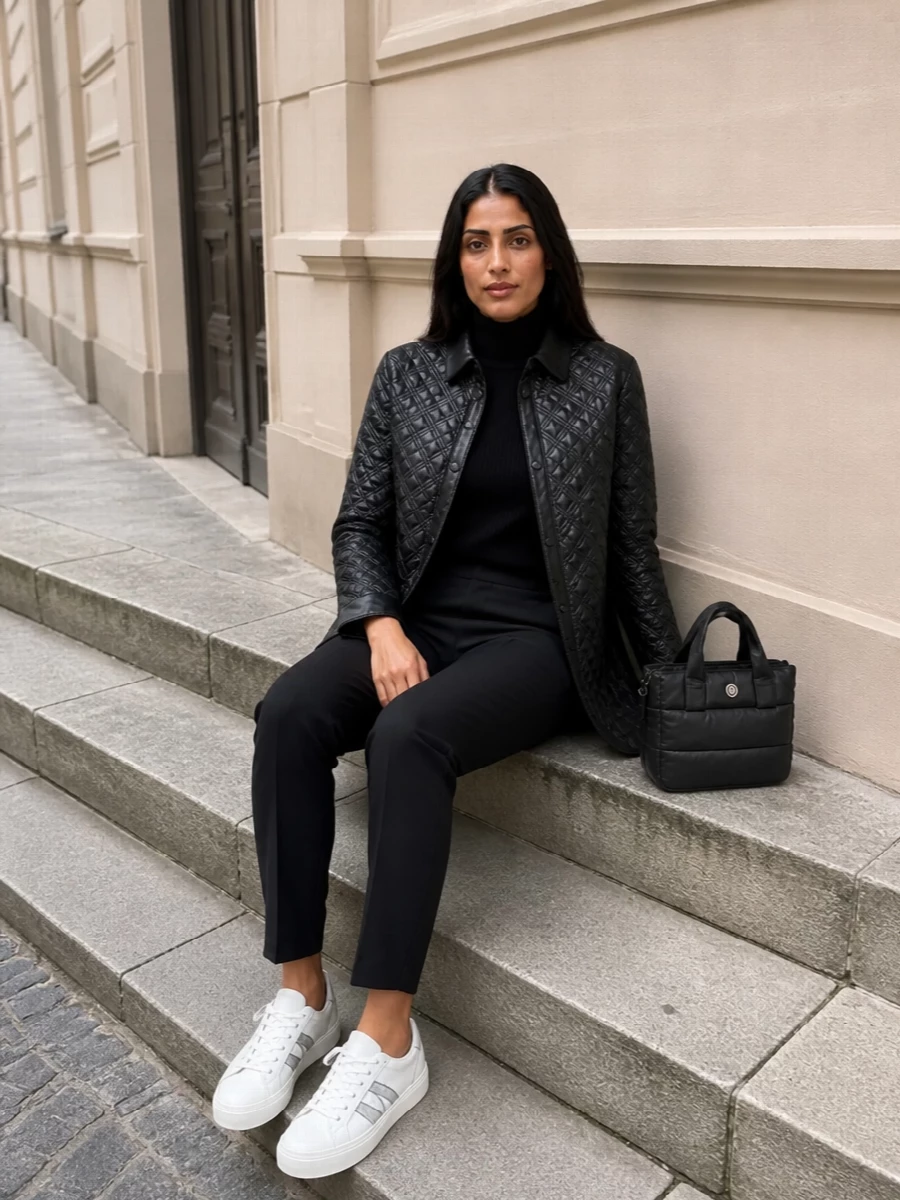 I’m styling the quilted Moncler shirt-jacket with a sleek top-and-trouser route rather than a dress, to keep the longline outerwear as the single architectural statement. A fitted black ribbed mock-neck and high-rise slim trouser create a clean column under the jacket, letting the diamond quilting read sharp instead of bulky. White leather sneakers and a compact padded tote keep everything in the same technical-lux vocabulary, so the result feels city-ready, minimal and quietly expensive.