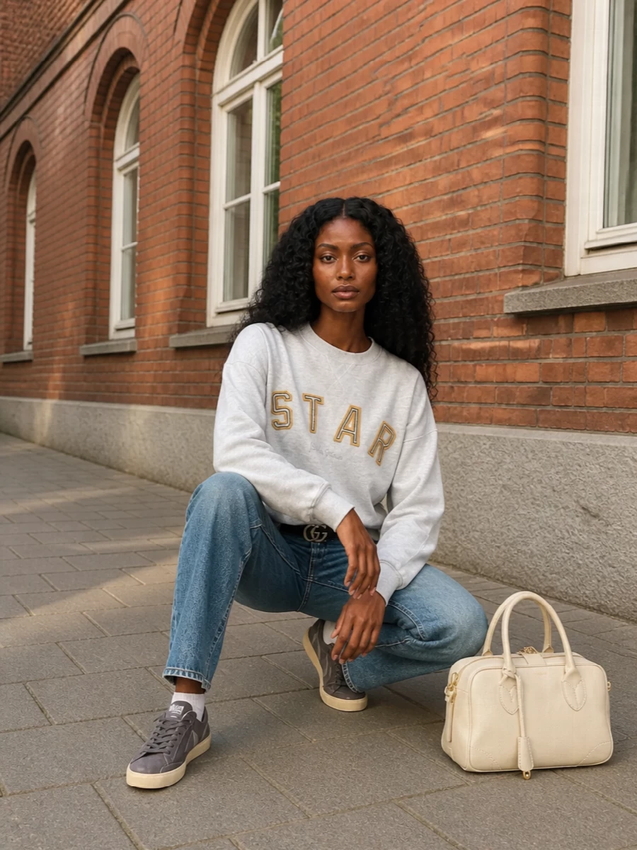 Golden goose star sweatshirt straight jeans outfit
