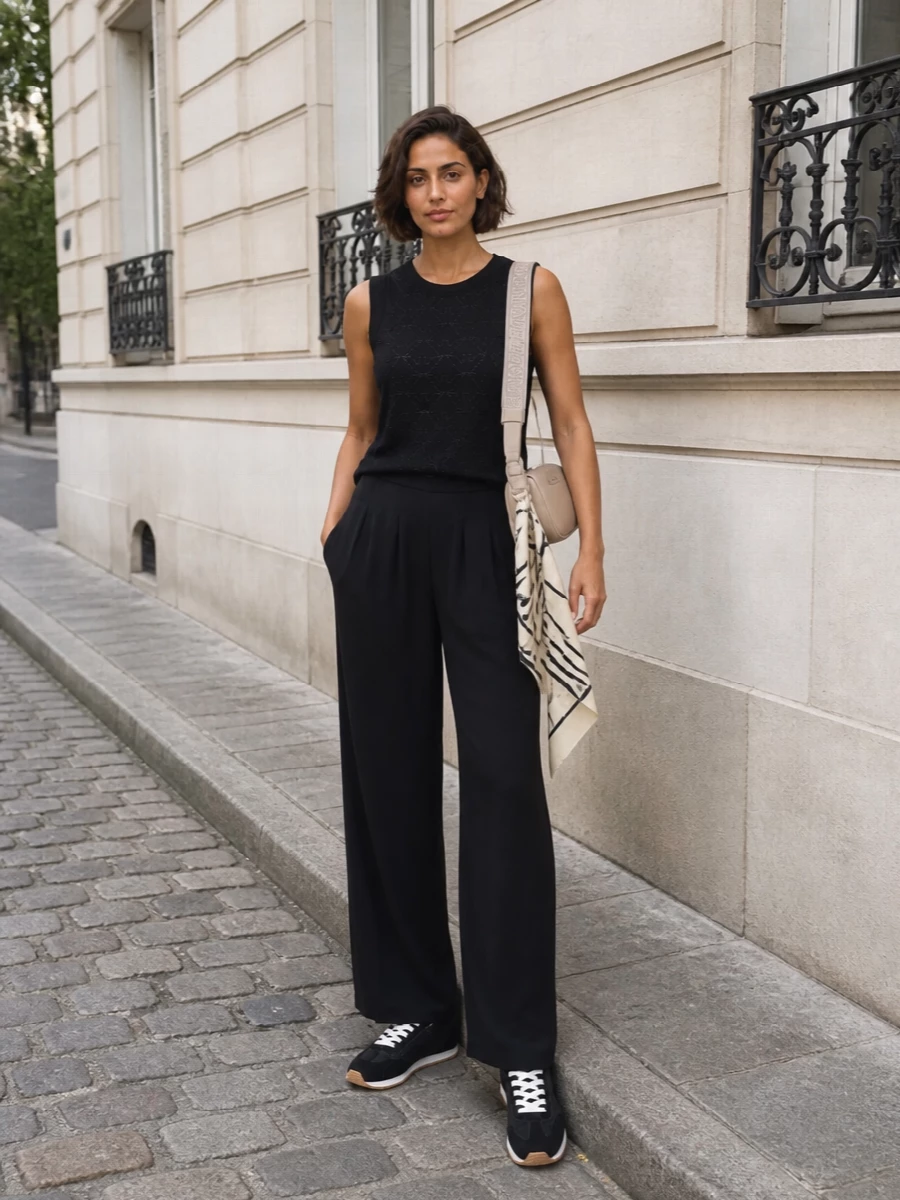 A perforated black tank sits over fluid black wide-leg trousers for a clean, elongated line that feels quietly sporty yet polished. Black quilted sneakers keep it grounded and modern, while a structured taupe shoulder bag and a fine ivory-and-black scarf soften the darkness without breaking the minimalist mood.