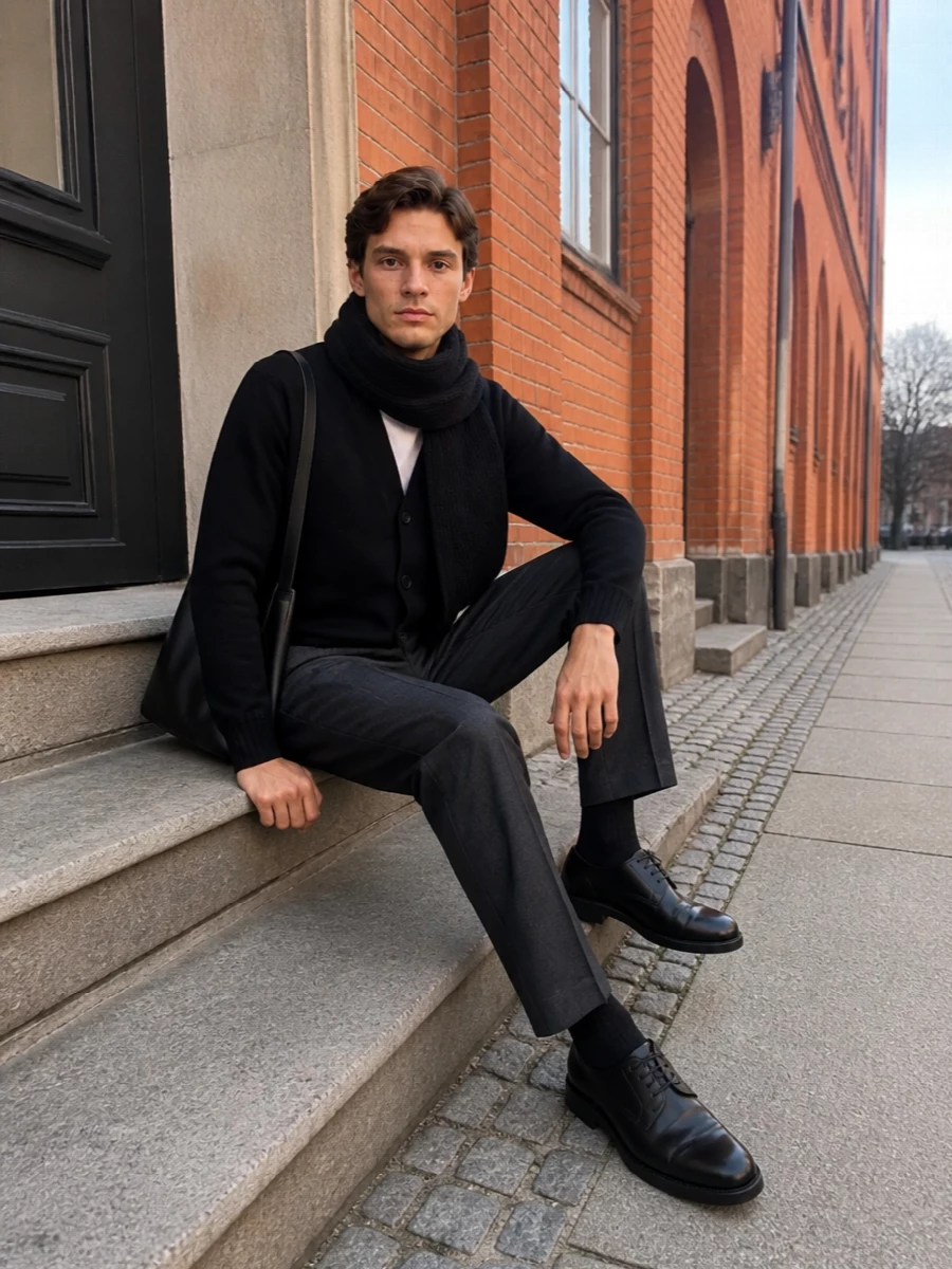 A study in quiet precision: the black V-neck cardigan sits against high-waisted charcoal tailoring for a clean, elongated line that feels calm rather than stiff. The black derby and crescent shoulder bag keep the silhouette sharpened and urbane, while a dense ribbed scarf adds winter depth without disturbing the monochrome restraint.