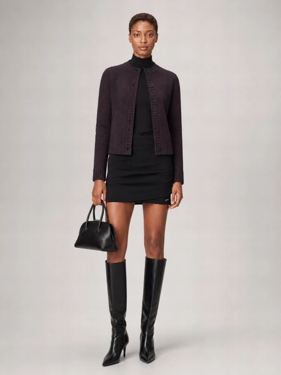 I’m styling the Attico knit jacket as an outer layer over a single strong anchor, so the high‑neck sculpted mini dress wins out over separates for a cleaner architectural line. The sharp black dress, pointed knee boots and structured mini bag create a continuous dark column under the aubergine knit, quietly luxurious but ready for dinner or a gallery night. Keeping everything tonal and body‑skimming lets the jacket’s rich melange texture read as depth rather than distraction.