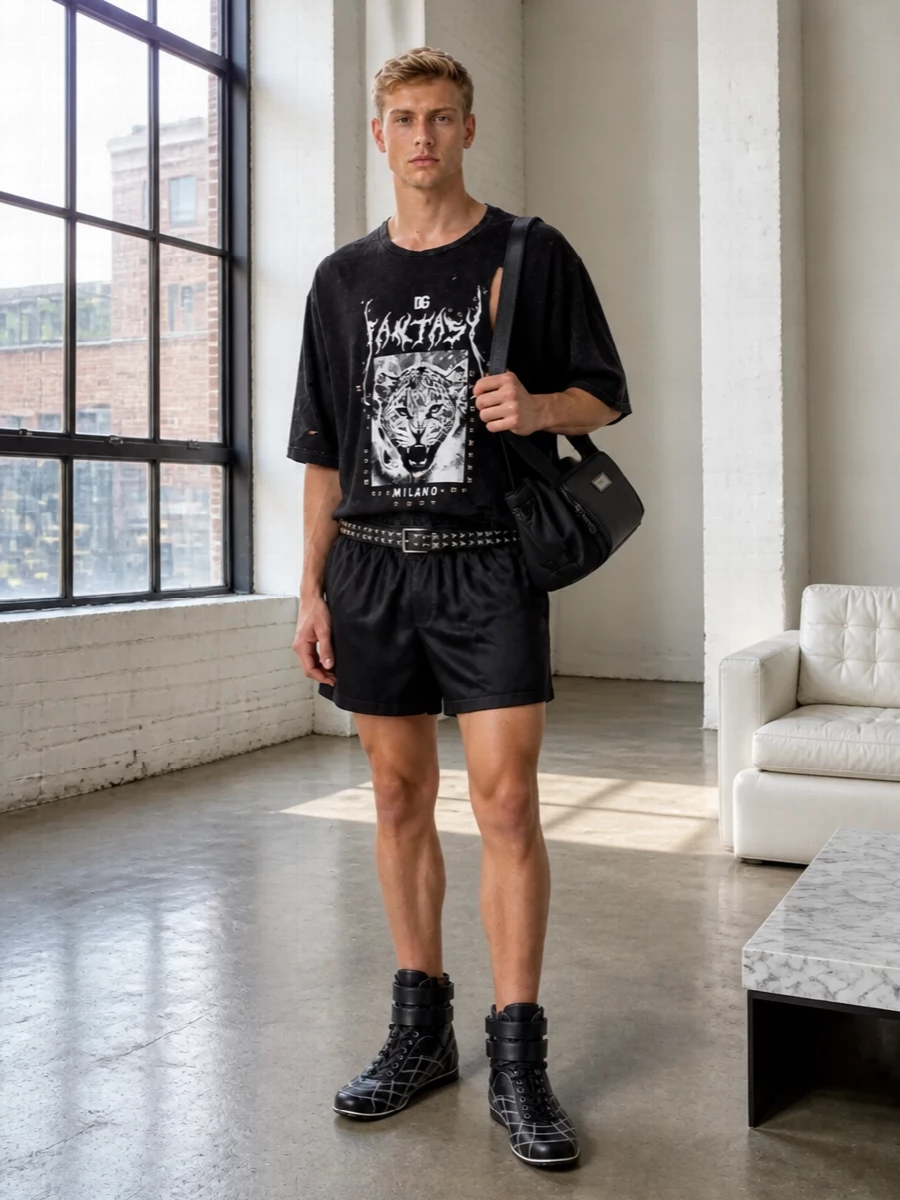 Dolce gabbana graphic tee satin shorts outfit