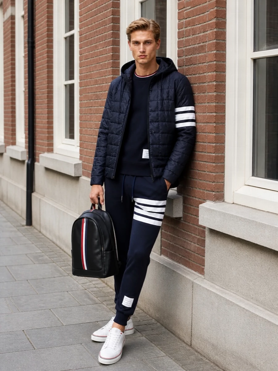 Thom browne navy quilted jacket joggers sneakers