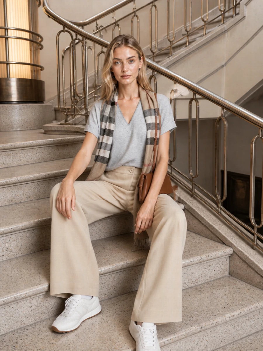 A heather-grey Brunello Cucinelli V-neck tee is paired with fluid light-beige wide-leg trousers for a softly tailored silhouette that feels effortless yet considered. White minimalist runners keep the mood relaxed and modern, while the tan Celine shoulder bag and a gauzy neutral check scarf add just enough structure and texture to underline the quiet-luxury attitude.