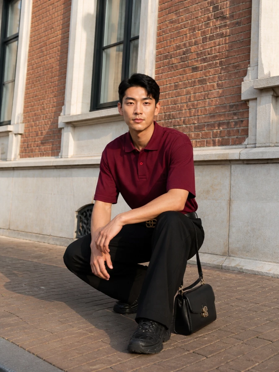 Balenciaga burgundy polo black wide leg trousers