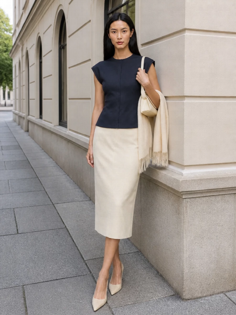 Ami paris pencil skirt navy top jimmy choo pumps