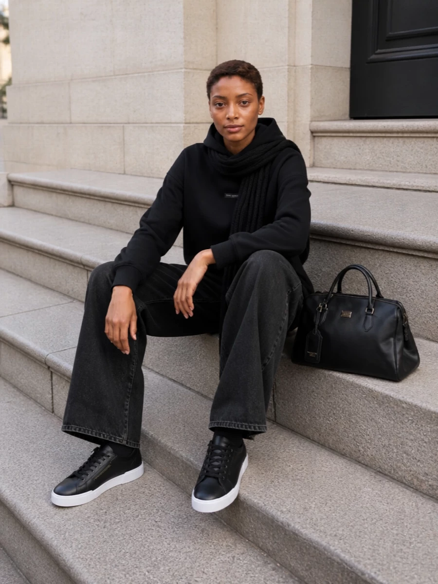 A black Dolce&Gabbana hoodie meets washed black wide-leg denim for a monochrome streetwear uniform that feels relaxed but intentional. Graphic sneakers and a structured leather top-handle bag tighten the line, while a ribbed black scarf adds winter texture without breaking the minimalist mood.