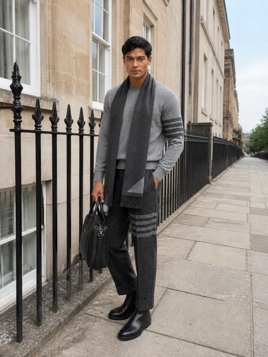 Thom browne grey sweater cropped trouser boots