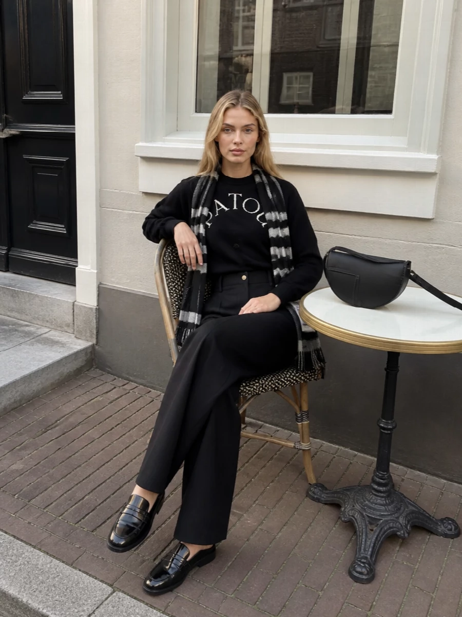 Patou logo jumper black wide leg trousers outfit